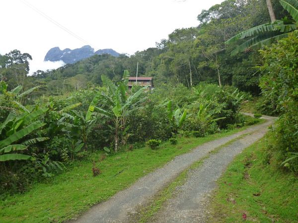Cestička k domovu a Mount Kinabalu vykukující v pozadí