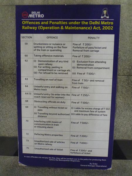 V metru můžete dostat pokutu např. za jízdu na střeše vlaku. Vtipný je nejen samotný zákaz, ale i hodnota pokuty - 50 rupií (= 17 Kč).